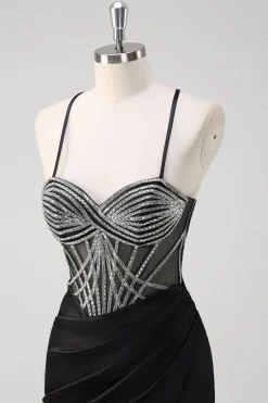 Brilhante preto sereia halter pescoço frisado longo vestido de baile com fenda