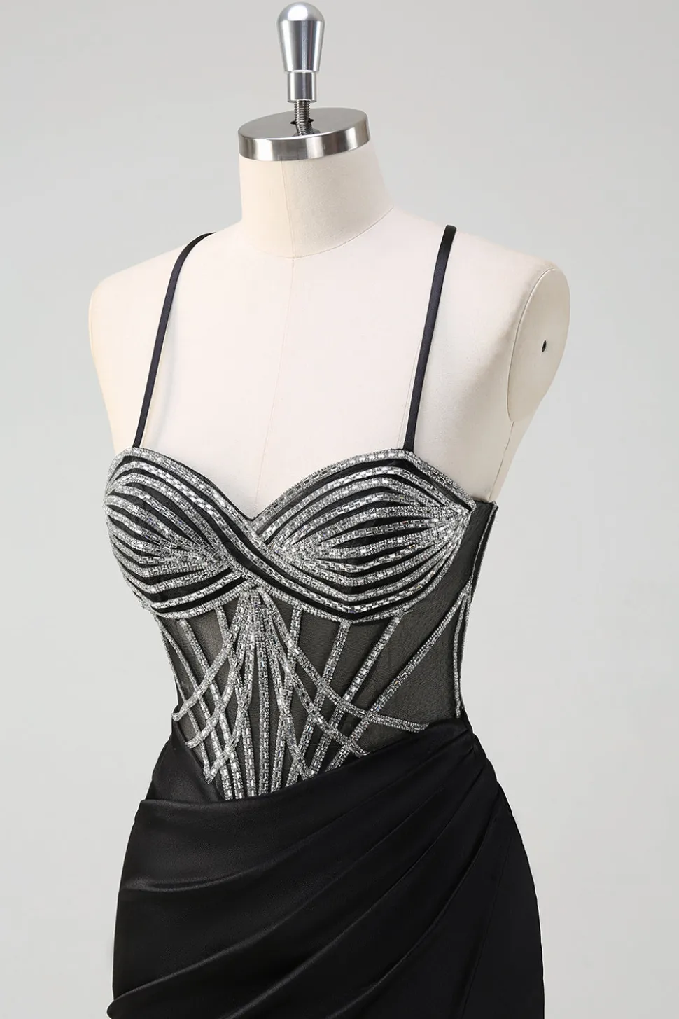 Brilhante preto sereia halter pescoço frisado longo vestido de baile com fenda