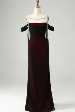 Brilhante Preto Sereia Vermelho Ombro Frio Vestido de Dama de Honra Longo