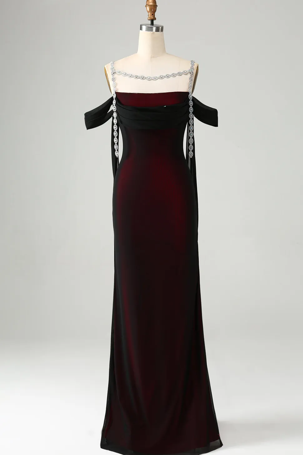 Brilhante Preto Sereia Vermelho Ombro Frio Vestido de Dama de Honra Longo