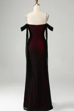 Brilhante Preto Sereia Vermelho Ombro Frio Vestido de Dama de Honra Longo