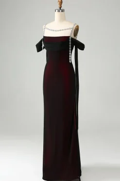 Brilhante Preto Sereia Vermelho Ombro Frio Vestido de Dama de Honra Longo