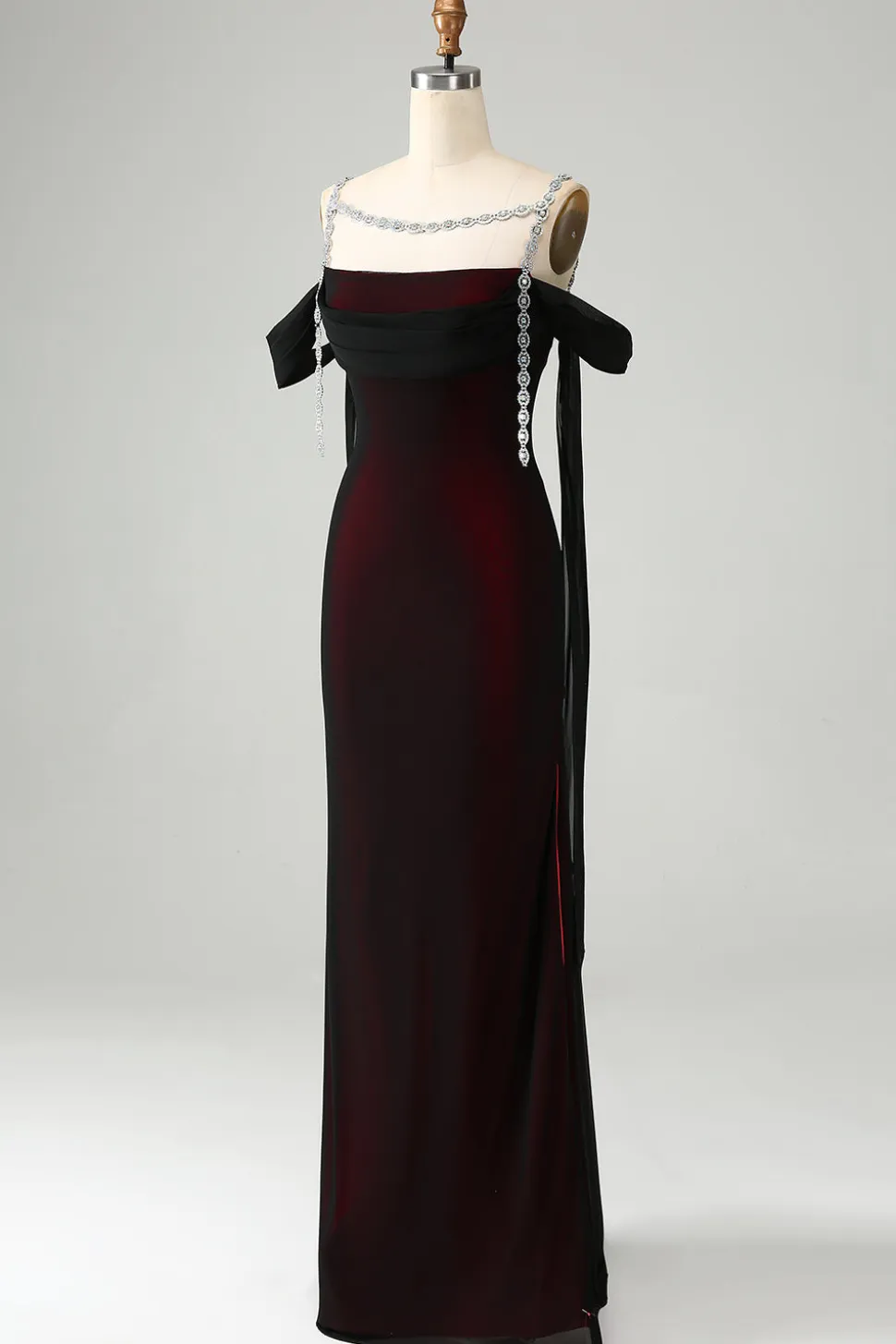 Brilhante Preto Sereia Vermelho Ombro Frio Vestido de Dama de Honra Longo
