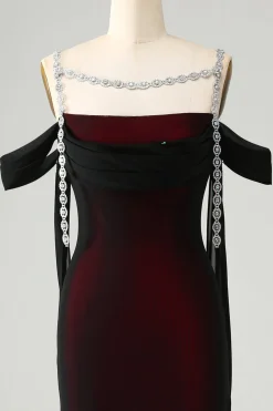 Brilhante Preto Sereia Vermelho Ombro Frio Vestido de Dama de Honra Longo