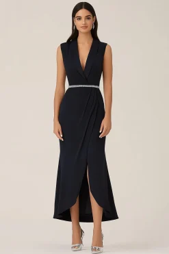 Brilhante Preto Wrap Xaile Lapela Frisado Vestido Formal Longo