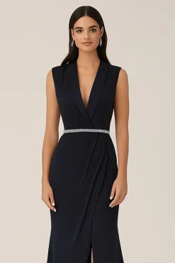 Brilhante Preto Wrap Xaile Lapela Frisado Vestido Formal Longo