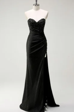 Brilhante querido preto longo vestido de baile de lantejoulas com fenda