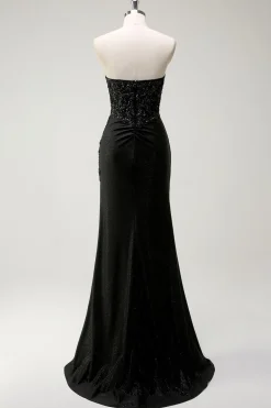 Brilhante querido preto longo vestido de baile de lantejoulas com fenda