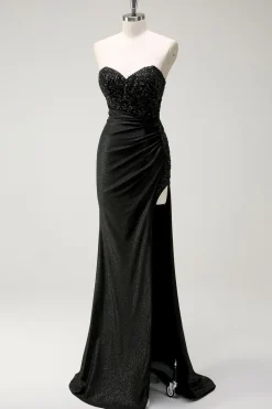 Brilhante querido preto longo vestido de baile de lantejoulas com fenda