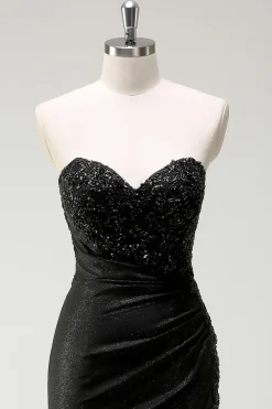 Brilhante querido preto longo vestido de baile de lantejoulas com fenda