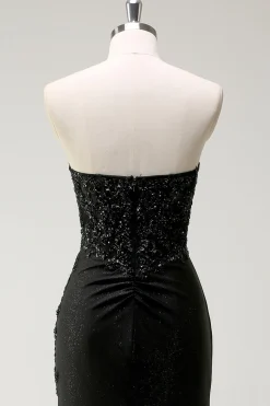 Brilhante querido preto longo vestido de baile de lantejoulas com fenda