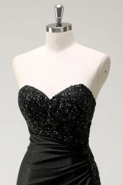 Brilhante querido preto longo vestido de baile de lantejoulas com fenda