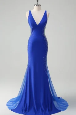 Brilhante Real Sereia Azul V Pescoço Frisado Cetim Long Prom Dress