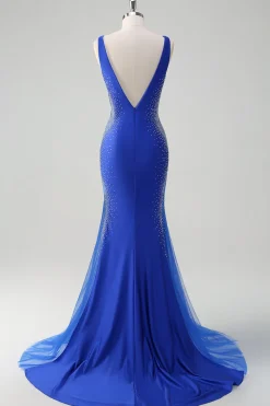 Brilhante Real Sereia Azul V Pescoço Frisado Cetim Long Prom Dress