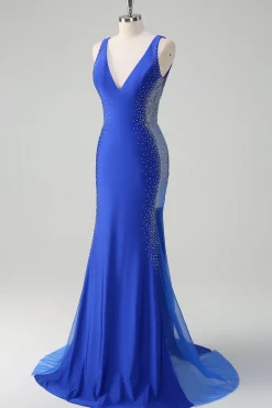Brilhante Real Sereia Azul V Pescoço Frisado Cetim Long Prom Dress