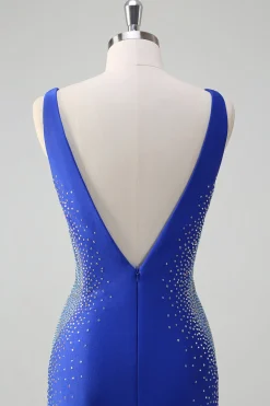 Brilhante Real Sereia Azul V Pescoço Frisado Cetim Long Prom Dress