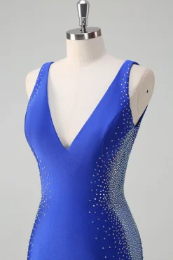 Brilhante Real Sereia Azul V Pescoço Frisado Cetim Long Prom Dress