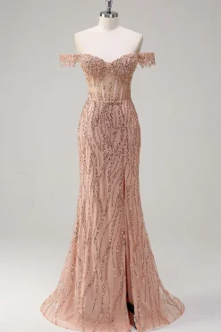 Brilhante Rosa Poeirenta Sereia Fora do Ombro Longo Vestido de Baile com Fenda