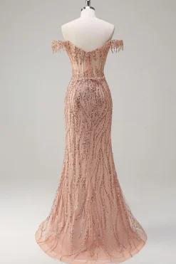 Brilhante Rosa Poeirenta Sereia Fora do Ombro Longo Vestido de Baile com Fenda