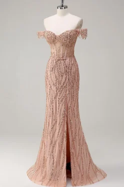 Brilhante Rosa Poeirenta Sereia Fora do Ombro Longo Vestido de Baile com Fenda