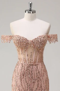 Brilhante Rosa Poeirenta Sereia Fora do Ombro Longo Vestido de Baile com Fenda