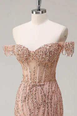 Brilhante Rosa Poeirenta Sereia Fora do Ombro Longo Vestido de Baile com Fenda