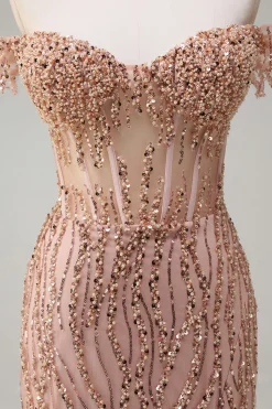 Brilhante Rosa Poeirenta Sereia Fora do Ombro Longo Vestido de Baile com Fenda