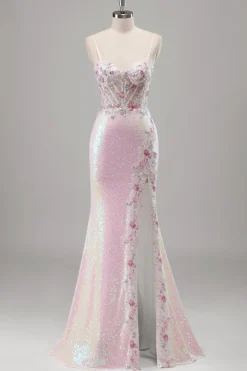Brilhante Rosa Sereia Esparguete Correias Espartilho Flores Sequins Long Prom Dress com Fenda