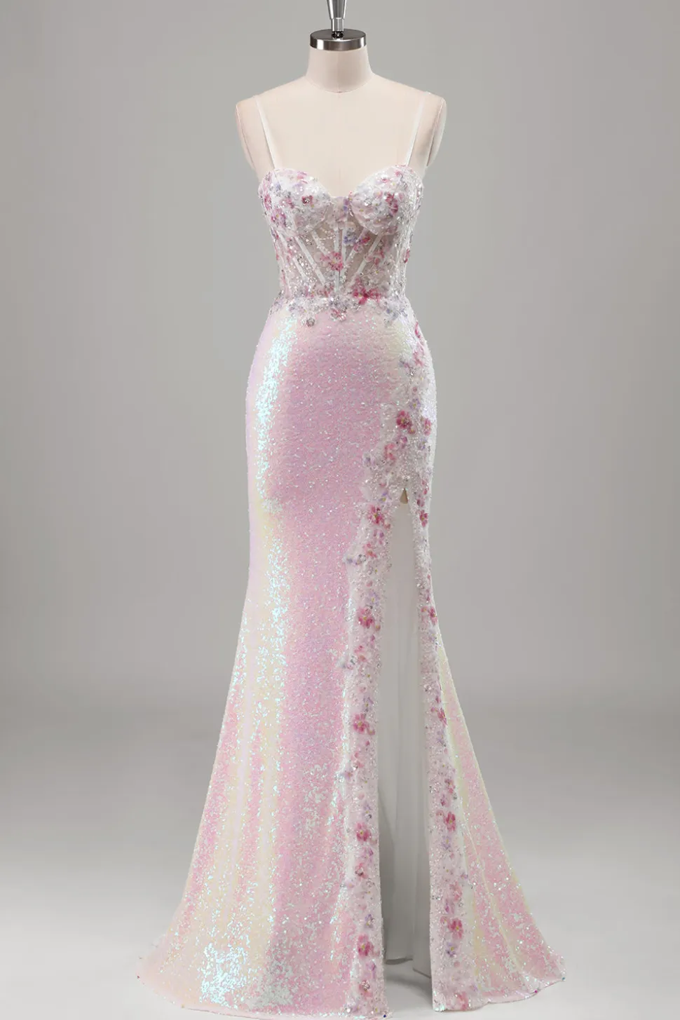 Brilhante Rosa Sereia Esparguete Correias Espartilho Flores Sequins Long Prom Dress com Fenda