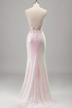 Brilhante Rosa Sereia Esparguete Correias Espartilho Flores Sequins Long Prom Dress com Fenda