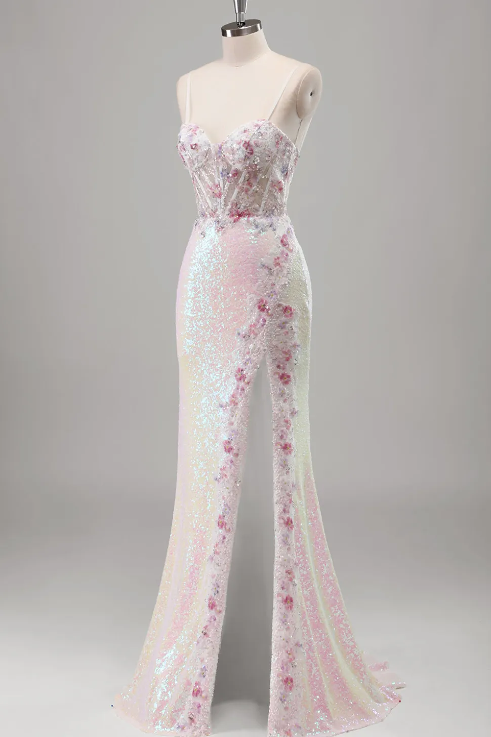 Brilhante Rosa Sereia Esparguete Correias Espartilho Flores Sequins Long Prom Dress com Fenda