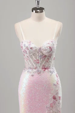 Brilhante Rosa Sereia Esparguete Correias Espartilho Flores Sequins Long Prom Dress com Fenda
