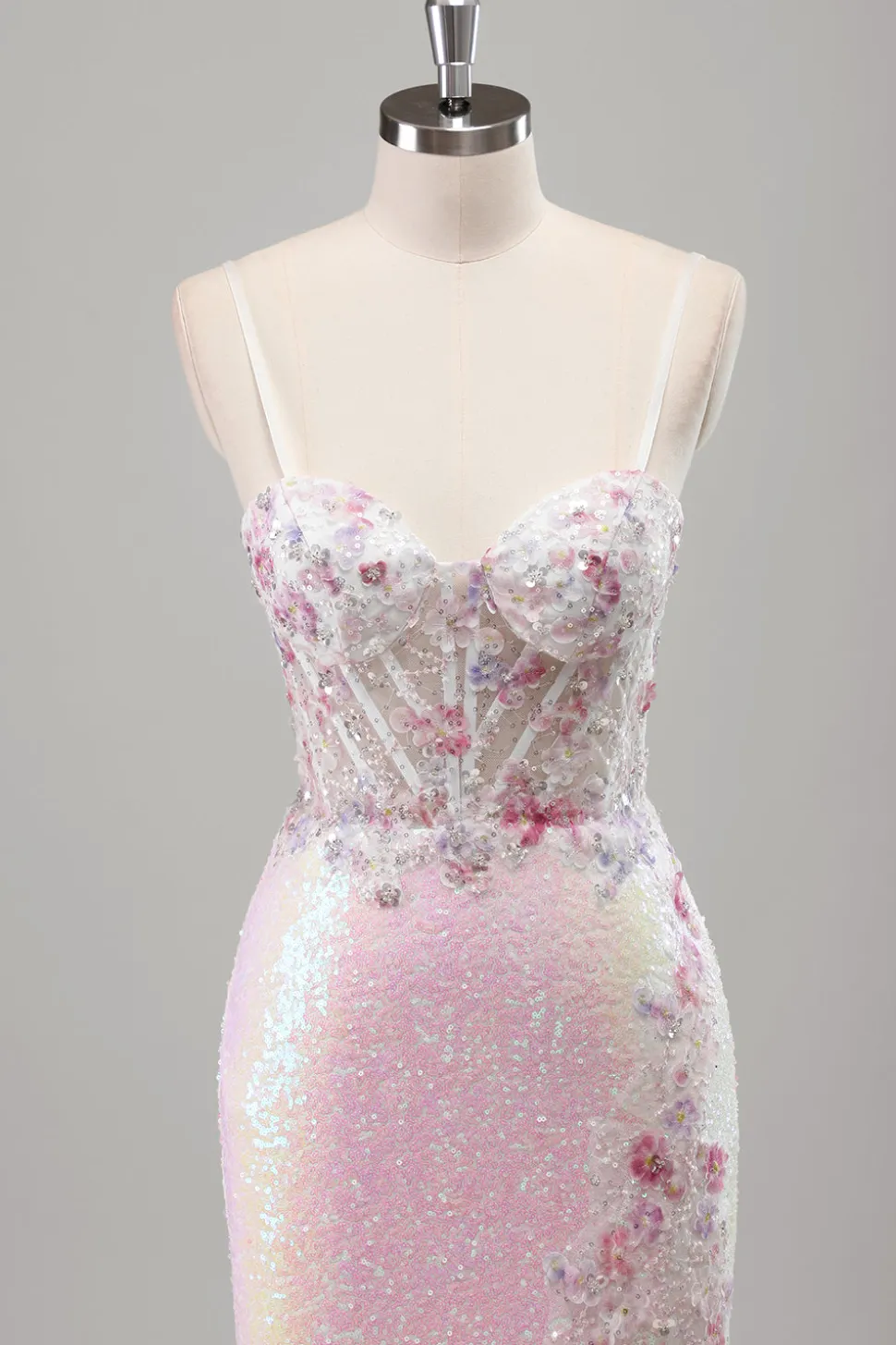 Brilhante Rosa Sereia Esparguete Correias Espartilho Flores Sequins Long Prom Dress com Fenda