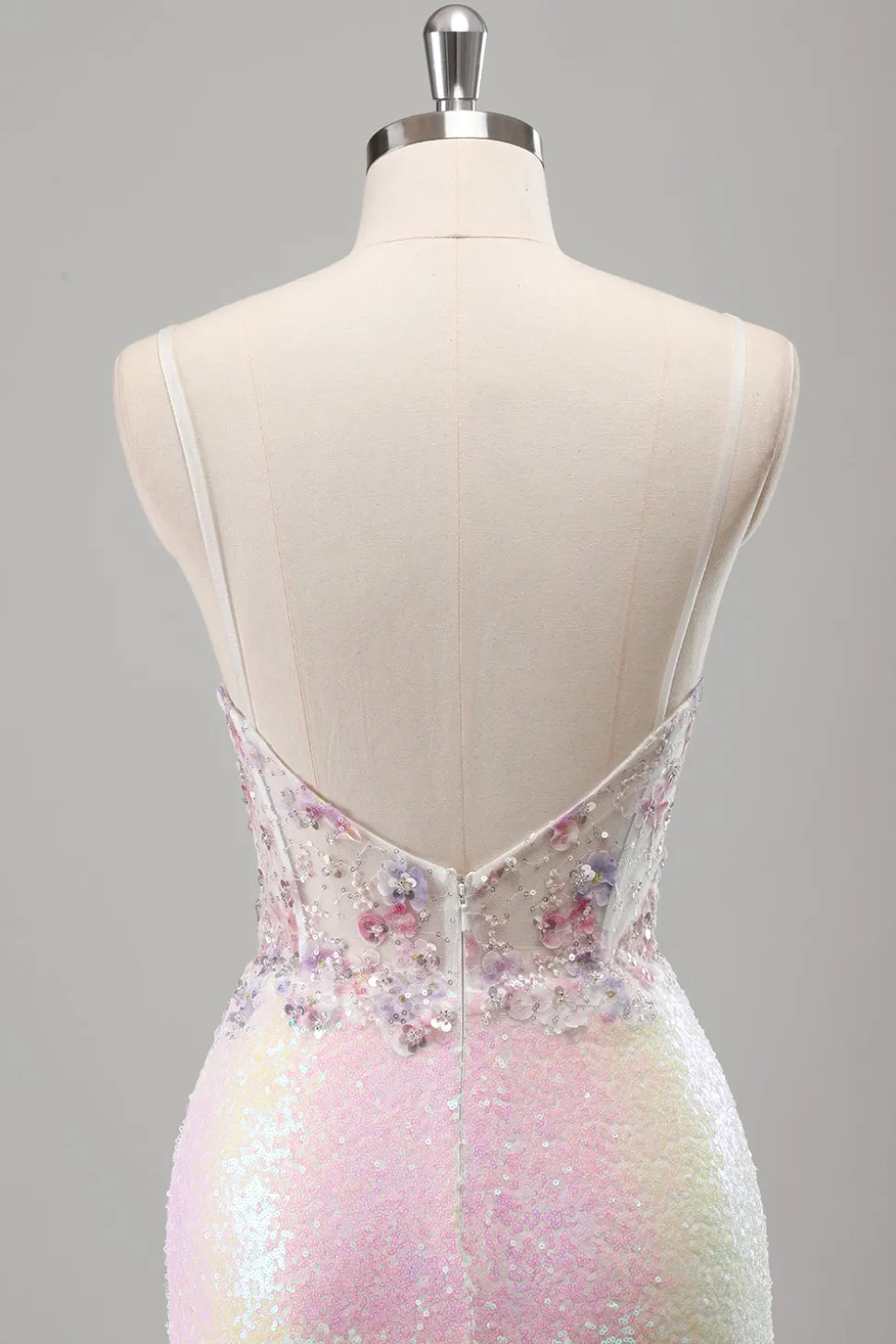 Brilhante Rosa Sereia Esparguete Correias Espartilho Flores Sequins Long Prom Dress com Fenda