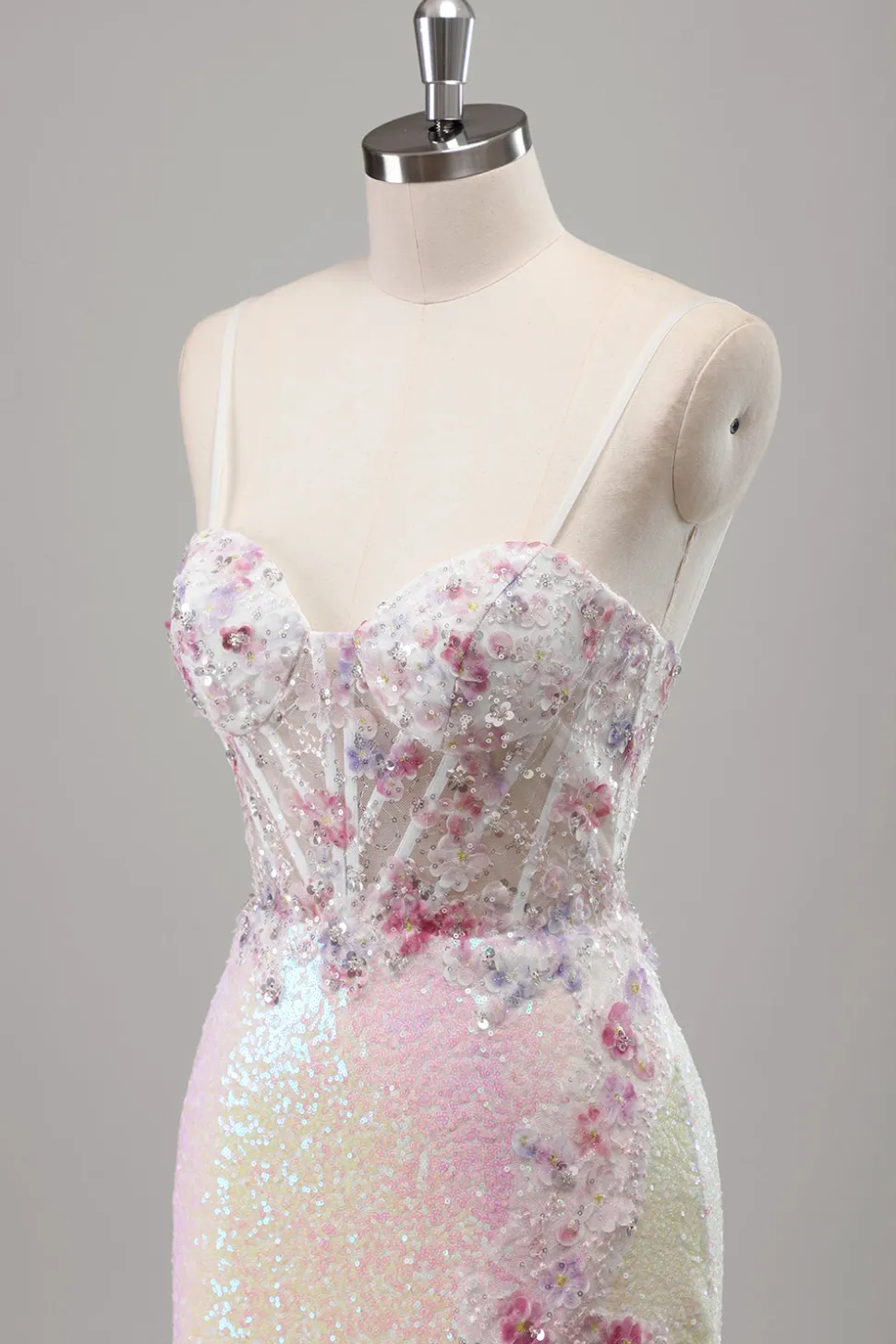 Brilhante Rosa Sereia Esparguete Correias Espartilho Flores Sequins Long Prom Dress com Fenda