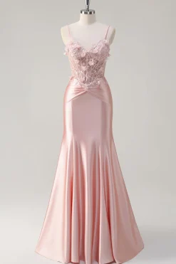 Brilhante Rosa Sereia Esparguete Correias Espartilho Flores Cetim Long Prom Dress