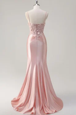 Brilhante Rosa Sereia Esparguete Correias Espartilho Flores Cetim Long Prom Dress