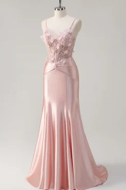Brilhante Rosa Sereia Esparguete Correias Espartilho Flores Cetim Long Prom Dress