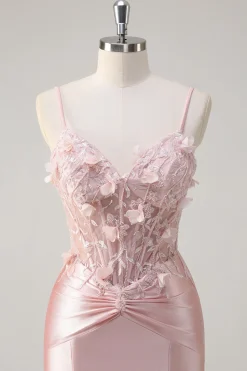 Brilhante Rosa Sereia Esparguete Correias Espartilho Flores Cetim Long Prom Dress