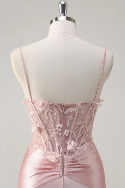Brilhante Rosa Sereia Esparguete Correias Espartilho Flores Cetim Long Prom Dress