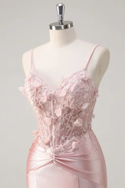 Brilhante Rosa Sereia Esparguete Correias Espartilho Flores Cetim Long Prom Dress