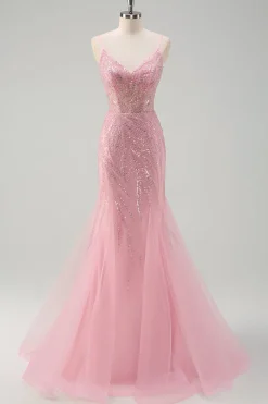 Brilhante Rosa Sereia Esparguete Correias Sequins Long Corset Prom Dress
