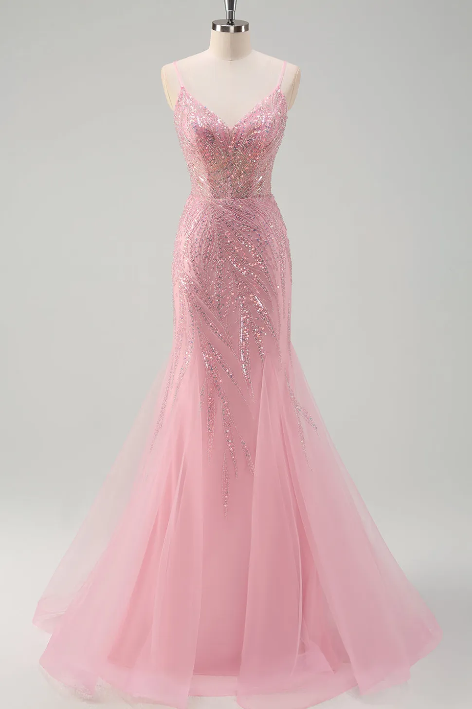 Brilhante Rosa Sereia Esparguete Correias Sequins Long Corset Prom Dress