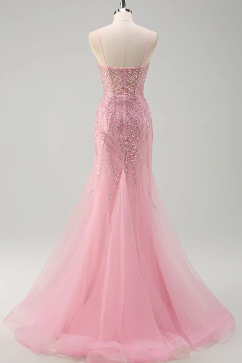 Brilhante Rosa Sereia Esparguete Correias Sequins Long Corset Prom Dress