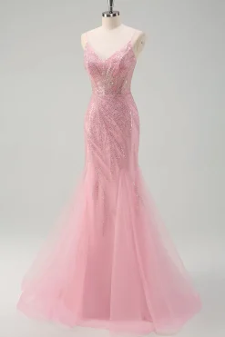 Brilhante Rosa Sereia Esparguete Correias Sequins Long Corset Prom Dress