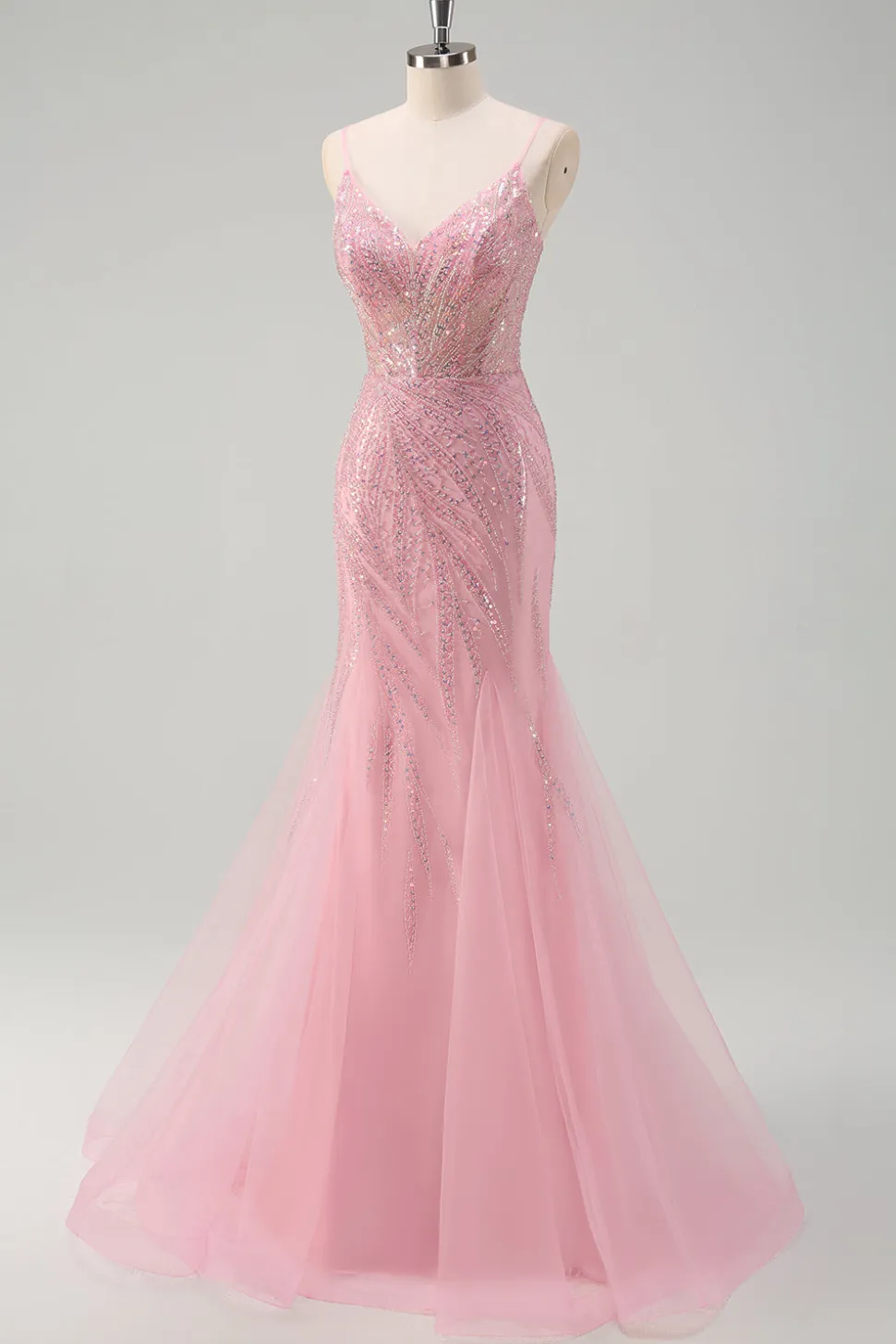 Brilhante Rosa Sereia Esparguete Correias Sequins Long Corset Prom Dress