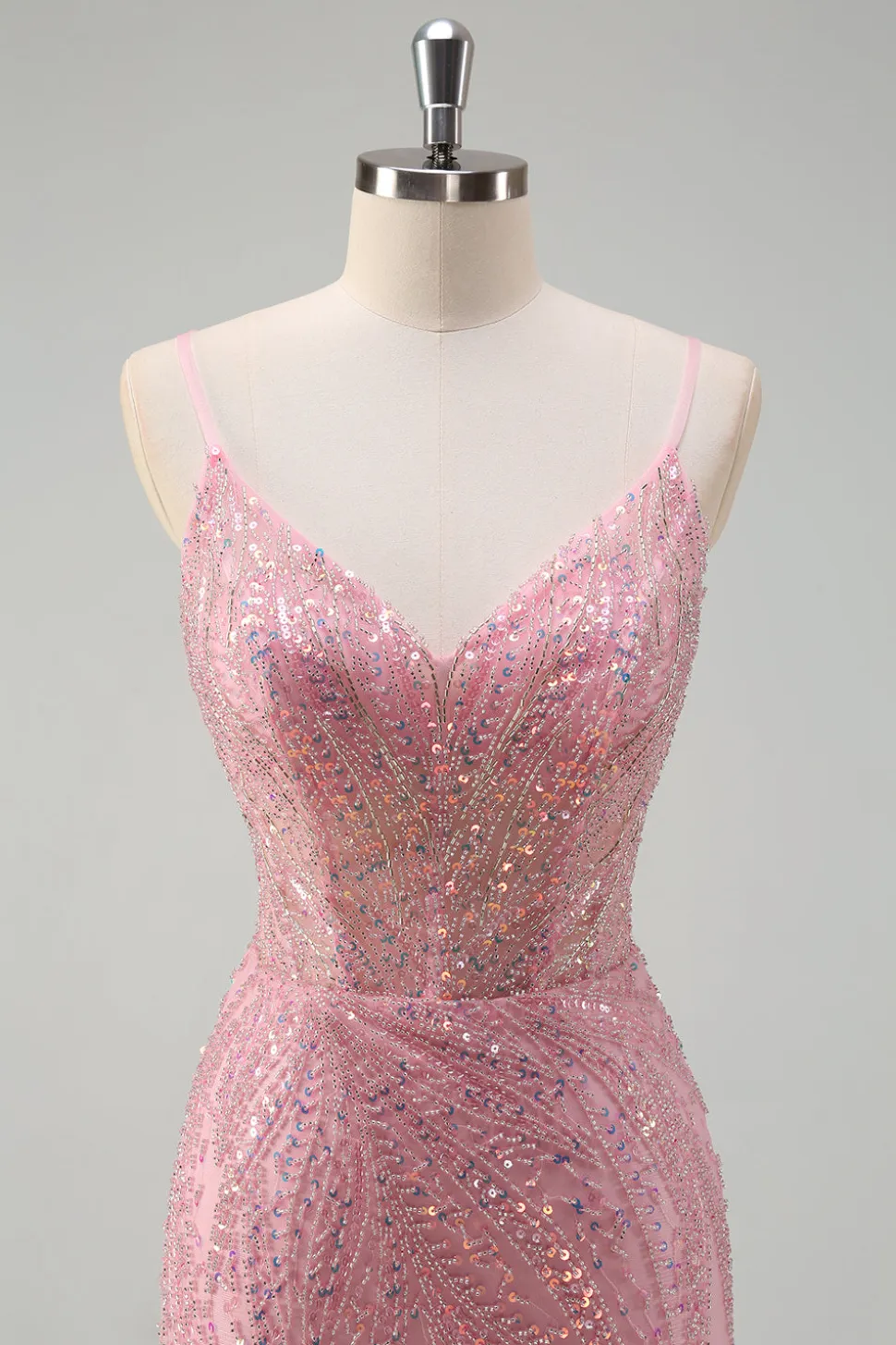 Brilhante Rosa Sereia Esparguete Correias Sequins Long Corset Prom Dress