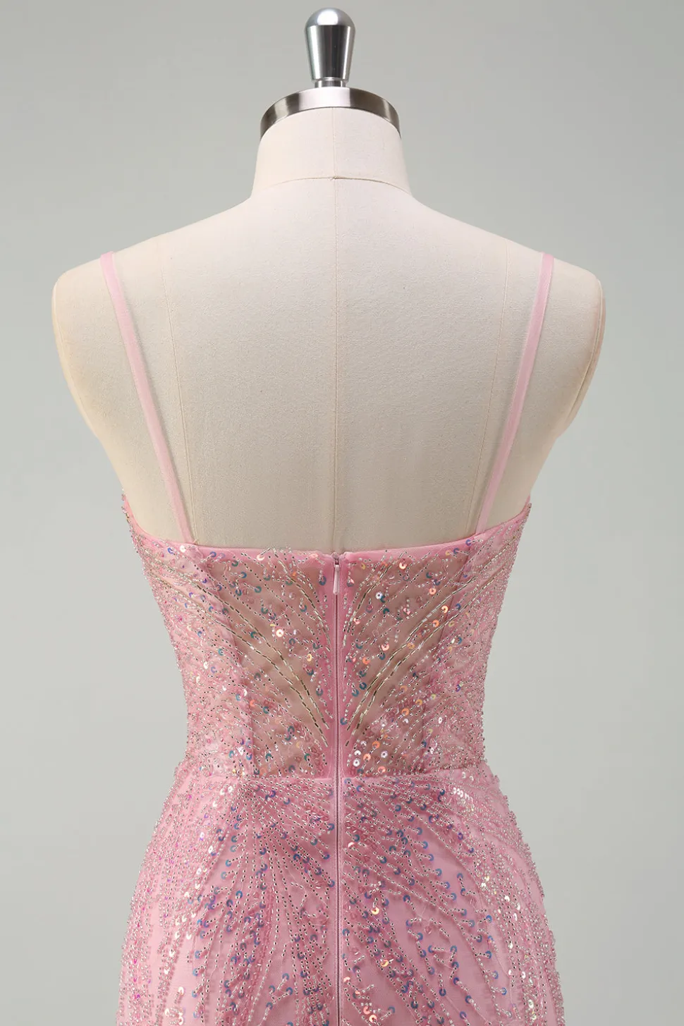Brilhante Rosa Sereia Esparguete Correias Sequins Long Corset Prom Dress