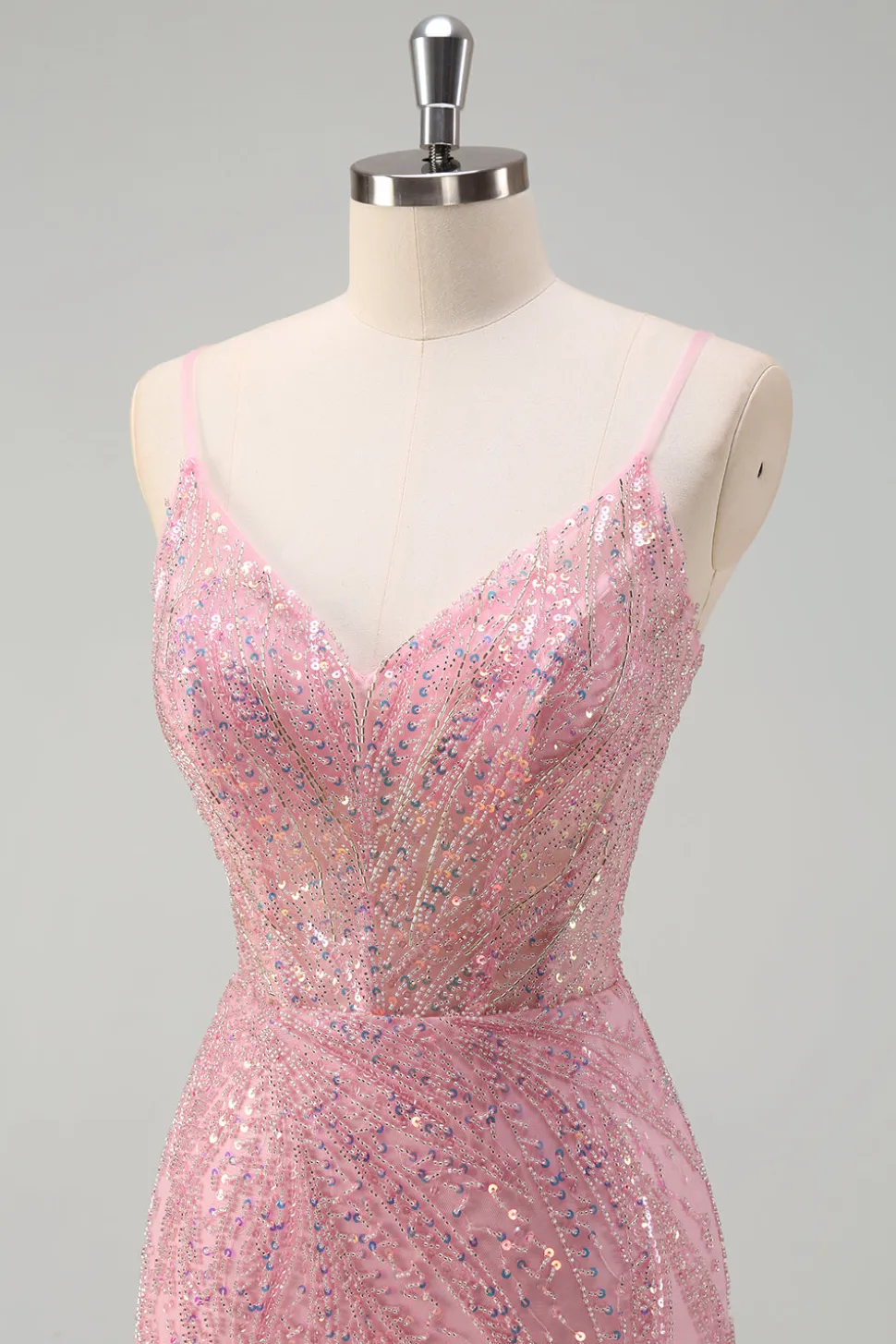 Brilhante Rosa Sereia Esparguete Correias Sequins Long Corset Prom Dress