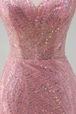 Brilhante Rosa Sereia Esparguete Correias Sequins Long Corset Prom Dress